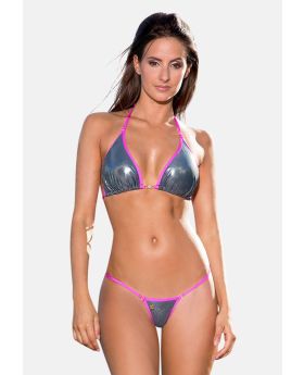 Palm beach - Mini maillot de bain string bikini anthracite fuchsia métallisé