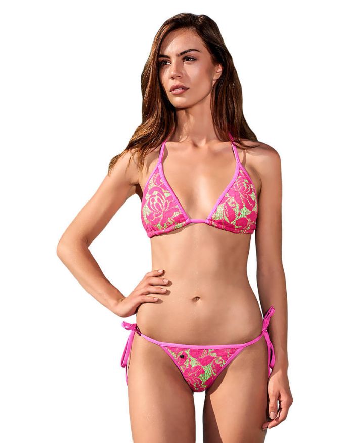 Maillot de bain tanga triangle bikini brésilien dentelle rose et vert Nudes